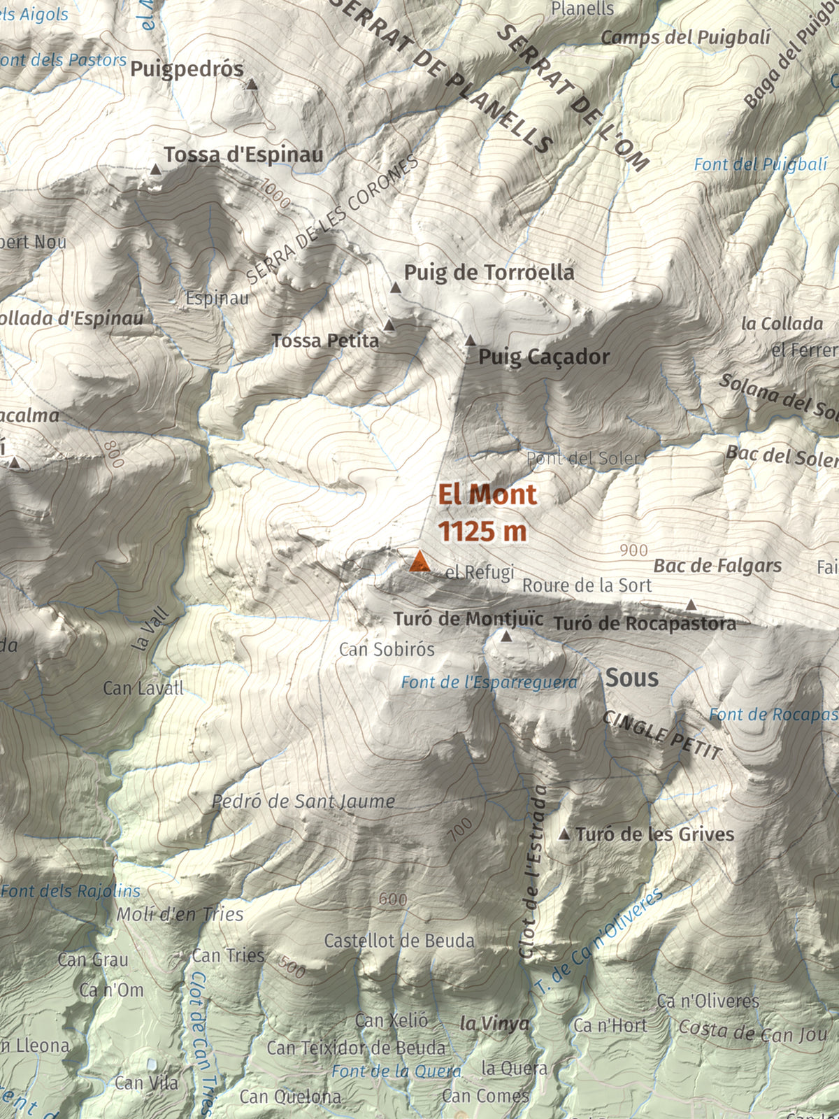 Mapa de relieve del Mont, 1125 m, Alt Empordà, lámina 100 Cims de Trobart. Detalle de la zona central. 30 × 40 cm.