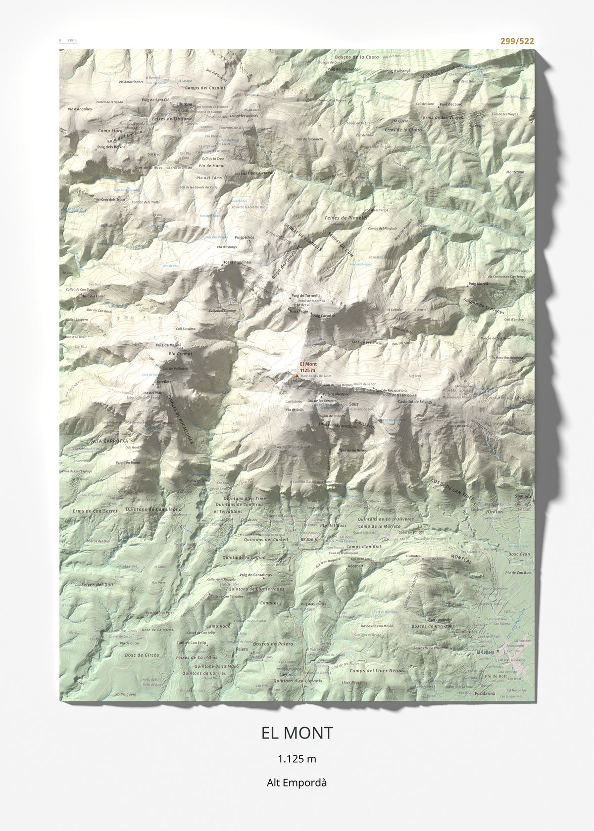 Mapa de relieve del Mont, 1125 m, Alt Empordà, lámina 100 Cims de Trobart 50 × 70 cm.