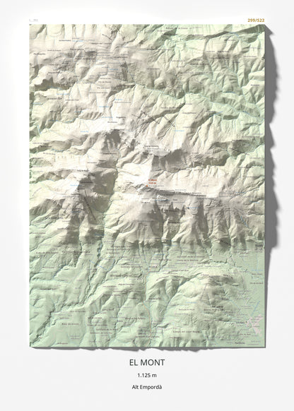Mapa de relieve del Mont, 1125 m, Alt Empordà, lámina 100 Cims de Trobart 50 × 70 cm.