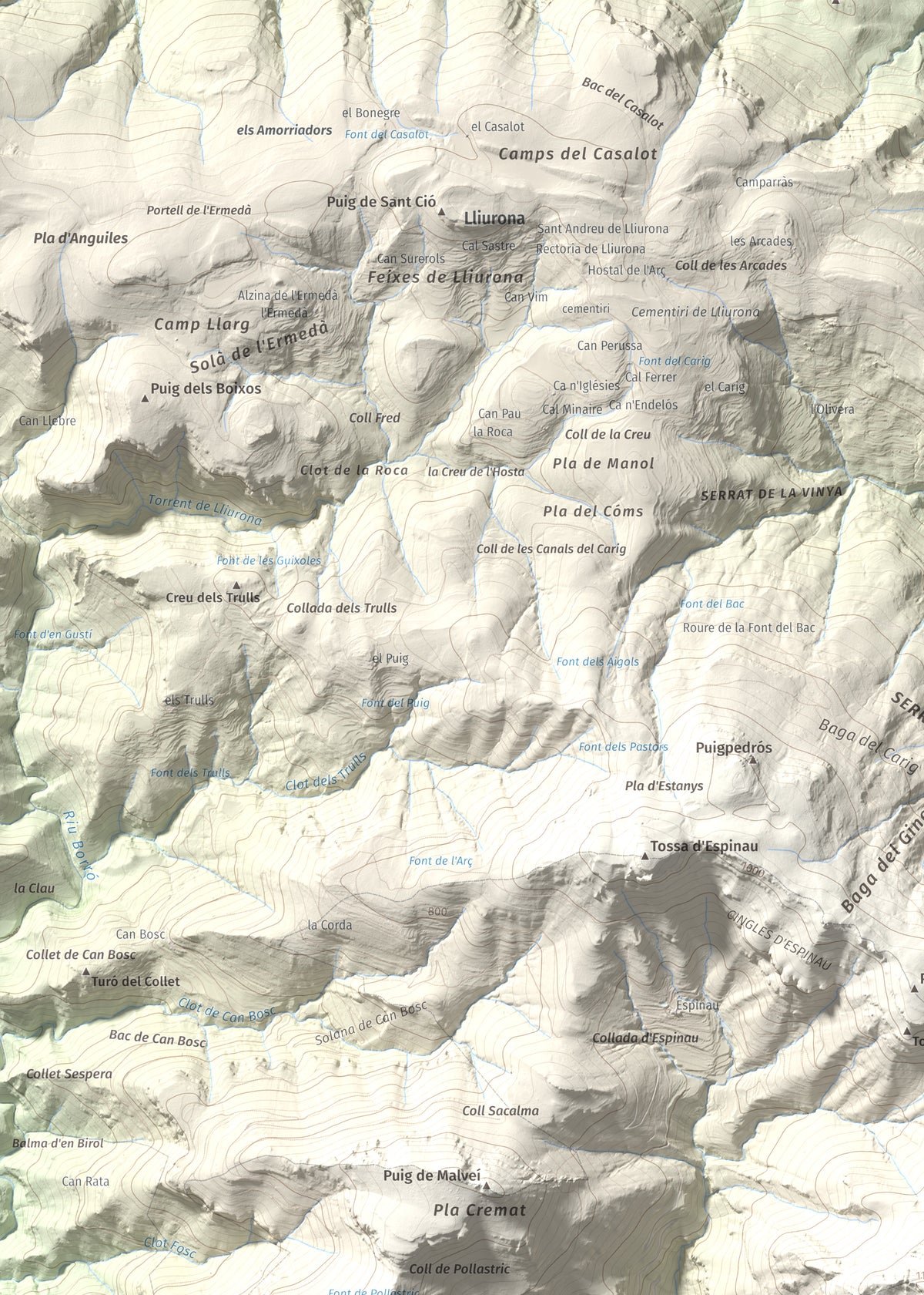 Mapa de relieve del Mont, 1125 m, Alt Empordà, lámina 100 Cims de Trobart. Detalle de la zona superior izquierda. 50 × 70 cm.