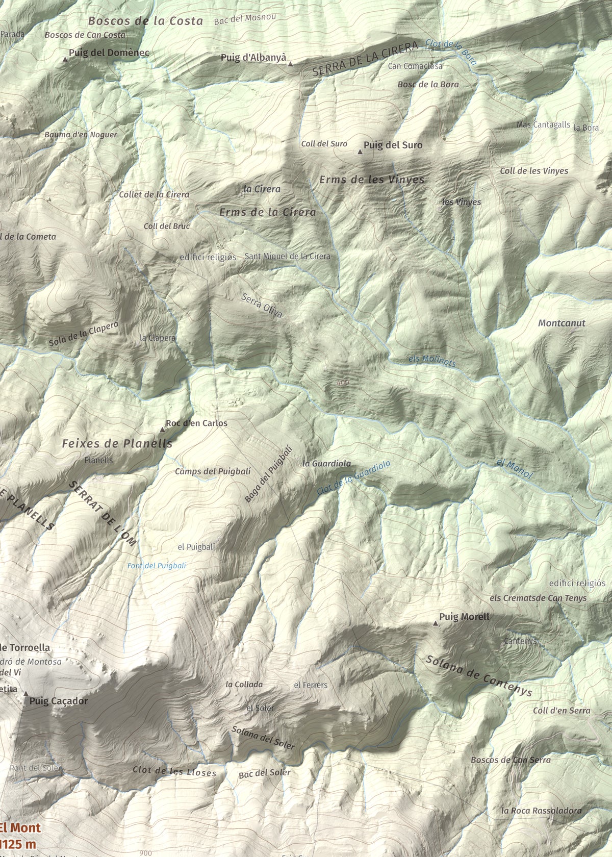 Mapa de relieve del Mont, 1125 m, Alt Empordà, lámina 100 Cims de Trobart. Detalle de la zona superior derecha. 50 × 70 cm.