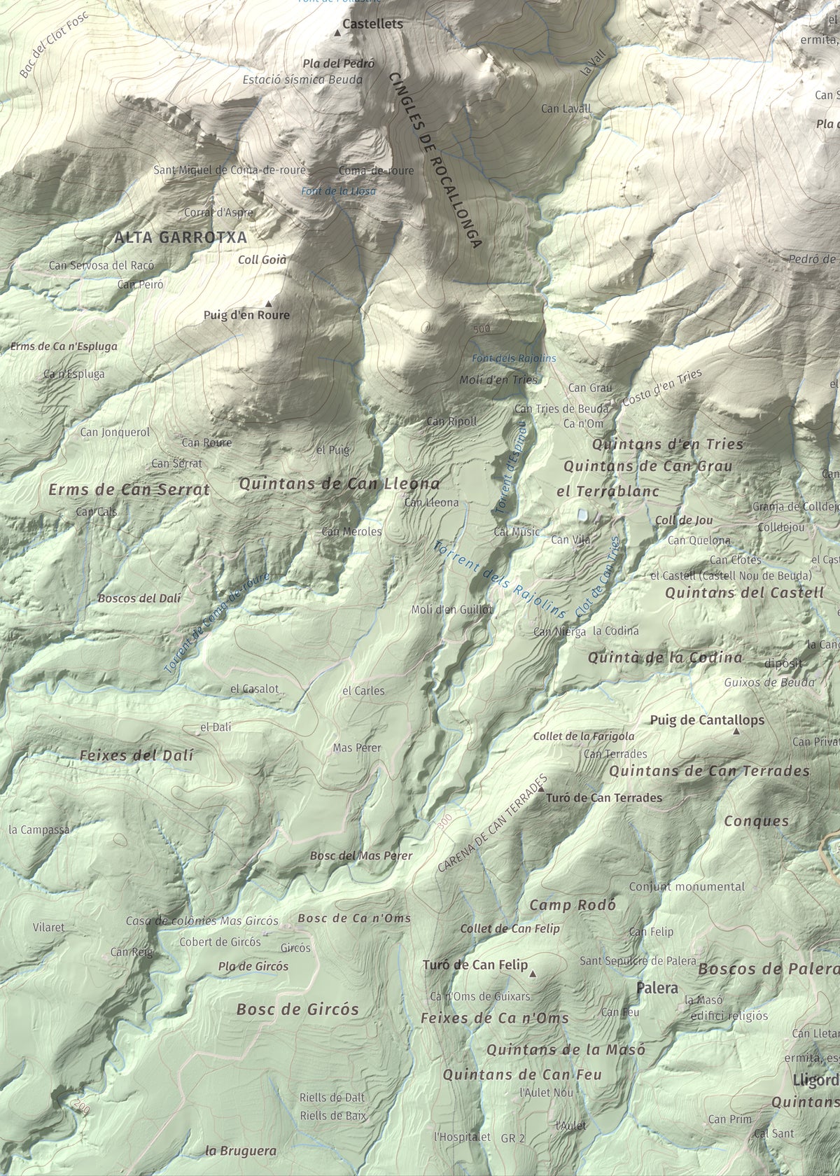 Mapa de relieve del Mont, 1125 m, Alt Empordà, lámina 100 Cims de Trobart. Detalle de la zona inferior izquierda. 50 × 70 cm.