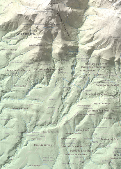 Mapa de relieve del Mont, 1125 m, Alt Empordà, lámina 100 Cims de Trobart. Detalle de la zona inferior izquierda. 50 × 70 cm.
