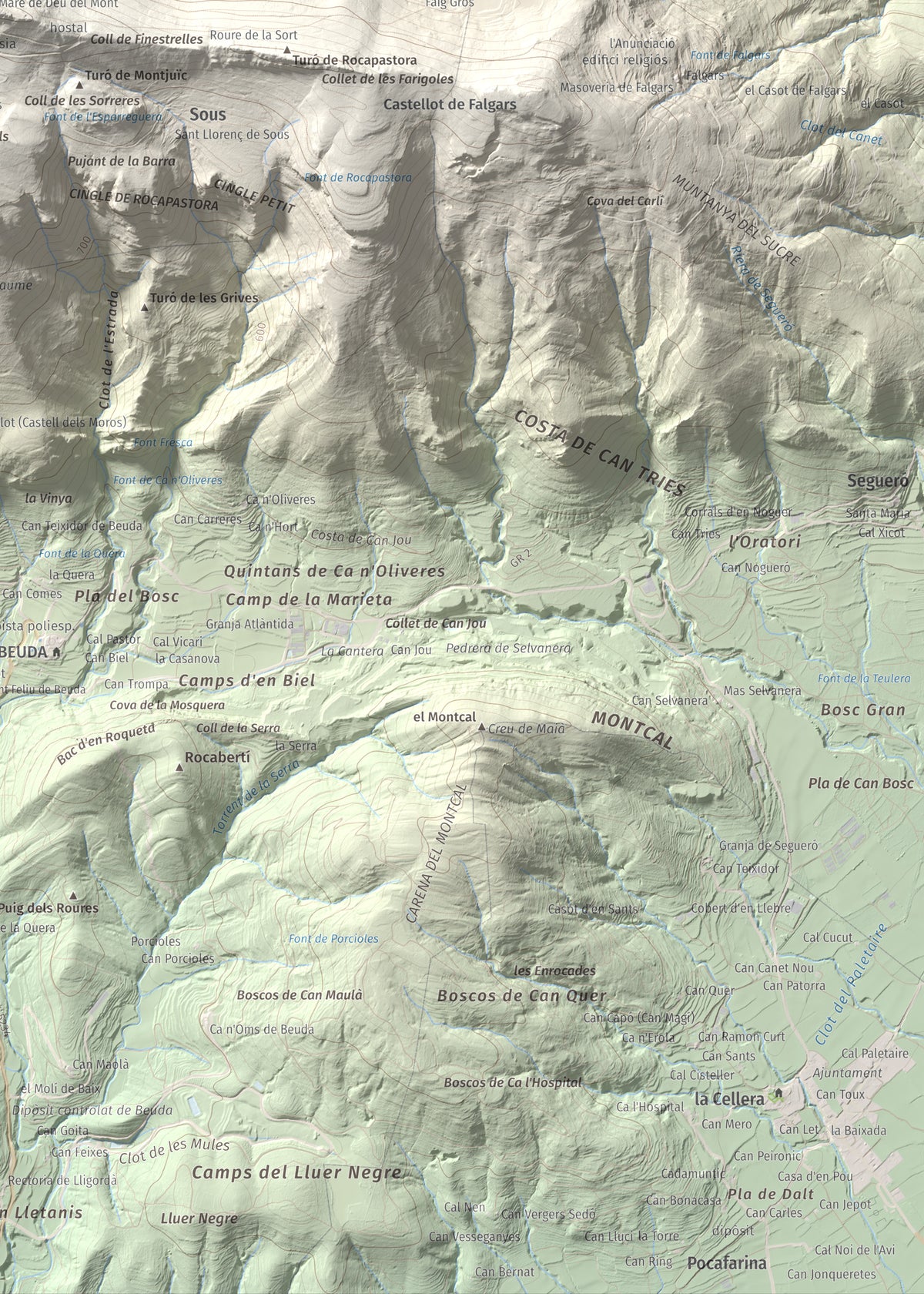 Mapa de relieve del Mont, 1125 m, Alt Empordà, lámina 100 Cims de Trobart. Detalle de la zona inferior derecha. 50 × 70 cm.