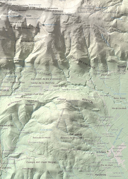 Mapa de relieve del Mont, 1125 m, Alt Empordà, lámina 100 Cims de Trobart. Detalle de la zona inferior derecha. 50 × 70 cm.
