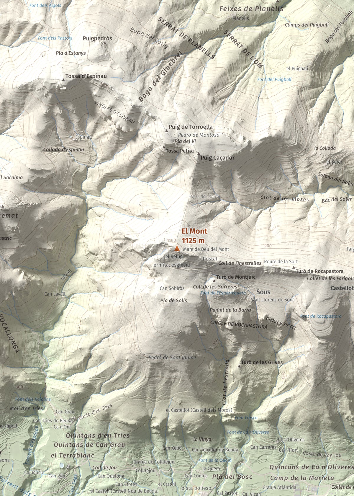 Mapa de relieve del Mont, 1125 m, Alt Empordà, lámina 100 Cims de Trobart. Detalle de la zona central. 50 × 70 cm.