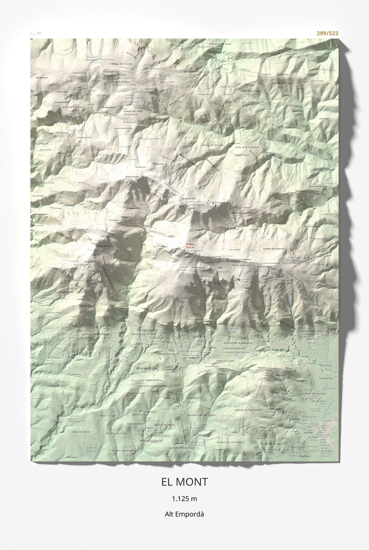 Mapa de relieve del Mont, 1125 m, Alt Empordà, lámina 100 Cims de Trobart 61 × 91 cm.