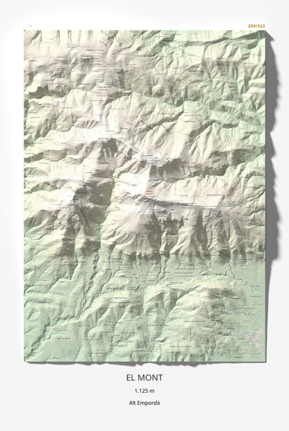 Mapa de relieve del Mont, 1125 m, Alt Empordà, lámina 100 Cims de Trobart 61 × 91 cm.