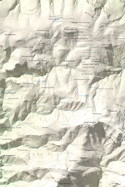Mapa de relieve del Mont, 1125 m, Alt Empordà, lámina 100 Cims de Trobart. Detalle de la zona superior izquierda. 61 × 91 cm.