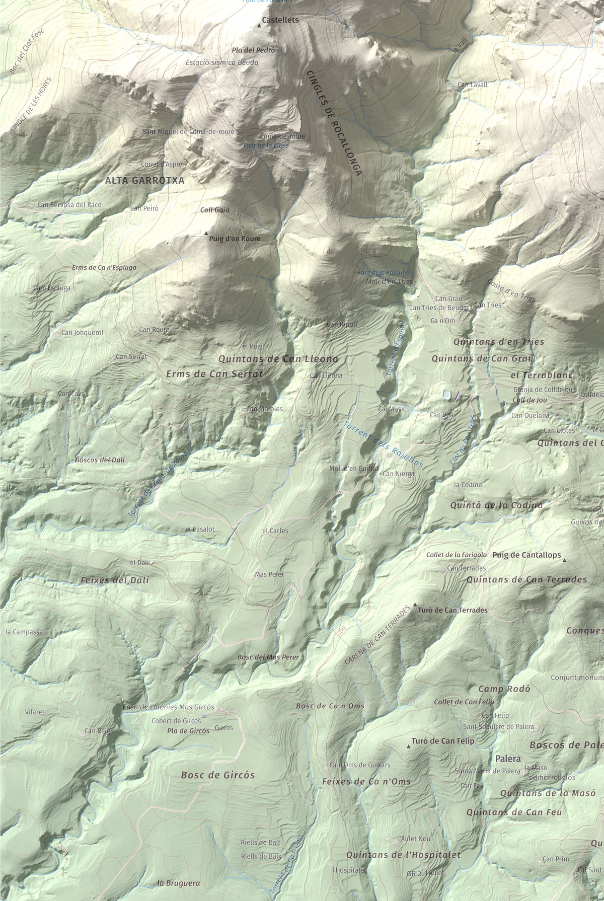Mapa de relieve del Mont, 1125 m, Alt Empordà, lámina 100 Cims de Trobart. Detalle de la zona inferior izquierda. 61 × 91 cm.