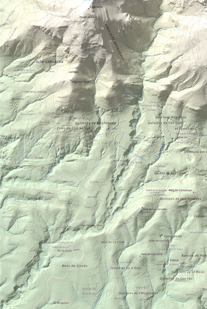Mapa de relieve del Mont, 1125 m, Alt Empordà, lámina 100 Cims de Trobart. Detalle de la zona inferior izquierda. 61 × 91 cm.