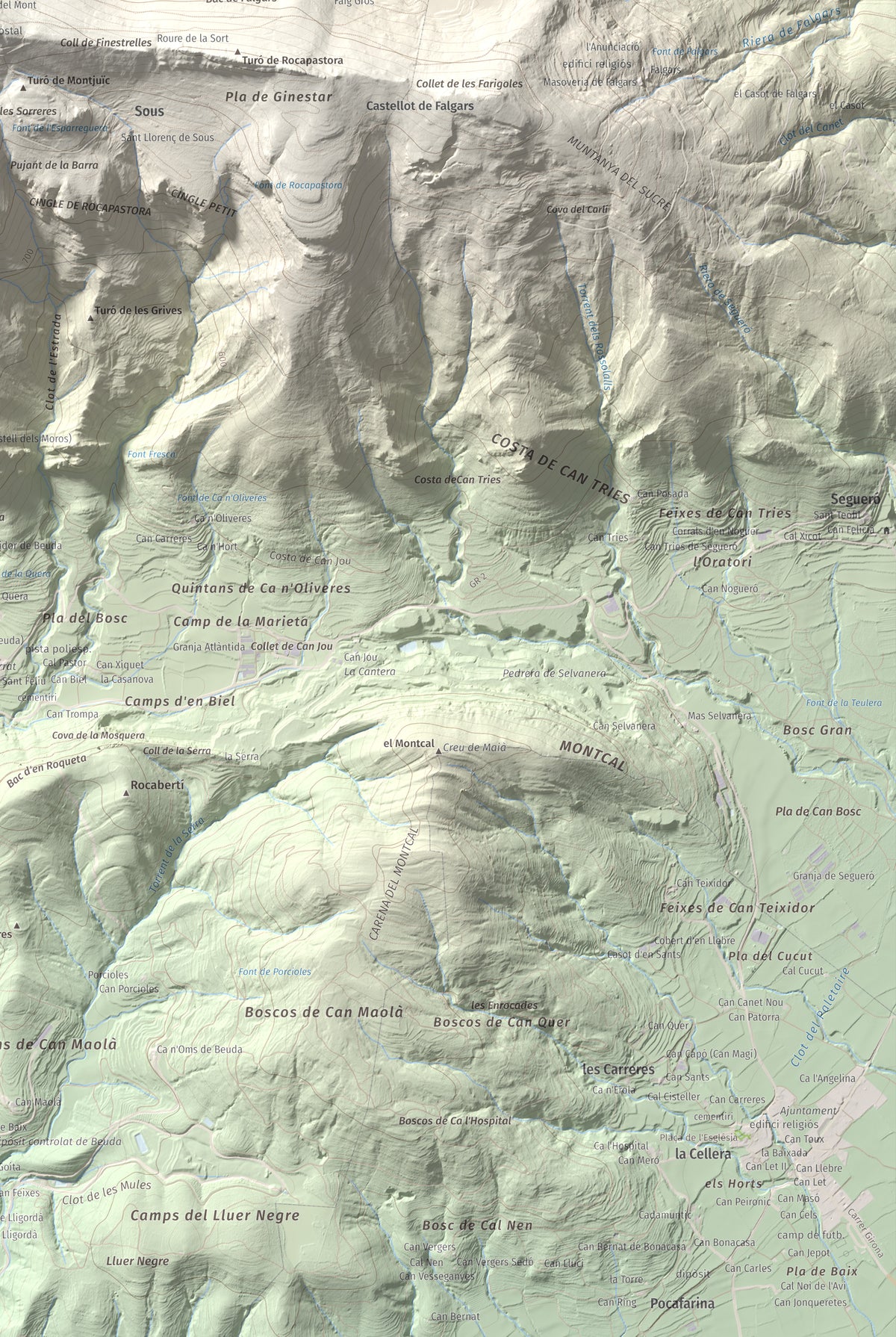 Mapa de relieve del Mont, 1125 m, Alt Empordà, lámina 100 Cims de Trobart. Detalle de la zona inferior derecha. 61 × 91 cm.