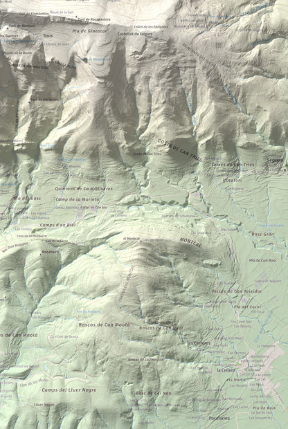 Mapa de relieve del Mont, 1125 m, Alt Empordà, lámina 100 Cims de Trobart. Detalle de la zona inferior derecha. 61 × 91 cm.