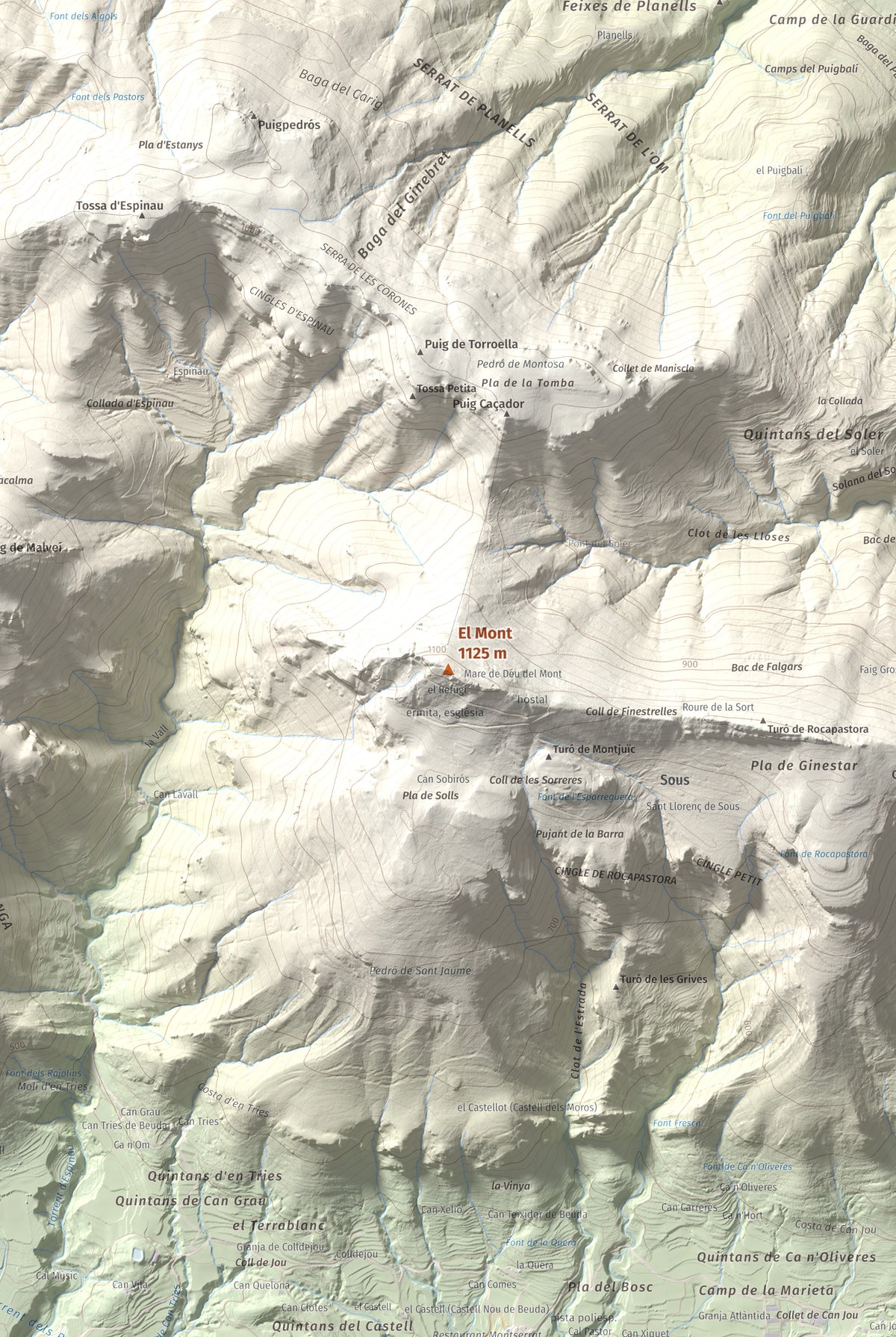 Mapa de relieve del Mont, 1125 m, Alt Empordà, lámina 100 Cims de Trobart. Detalle de la zona central. 61 × 91 cm.