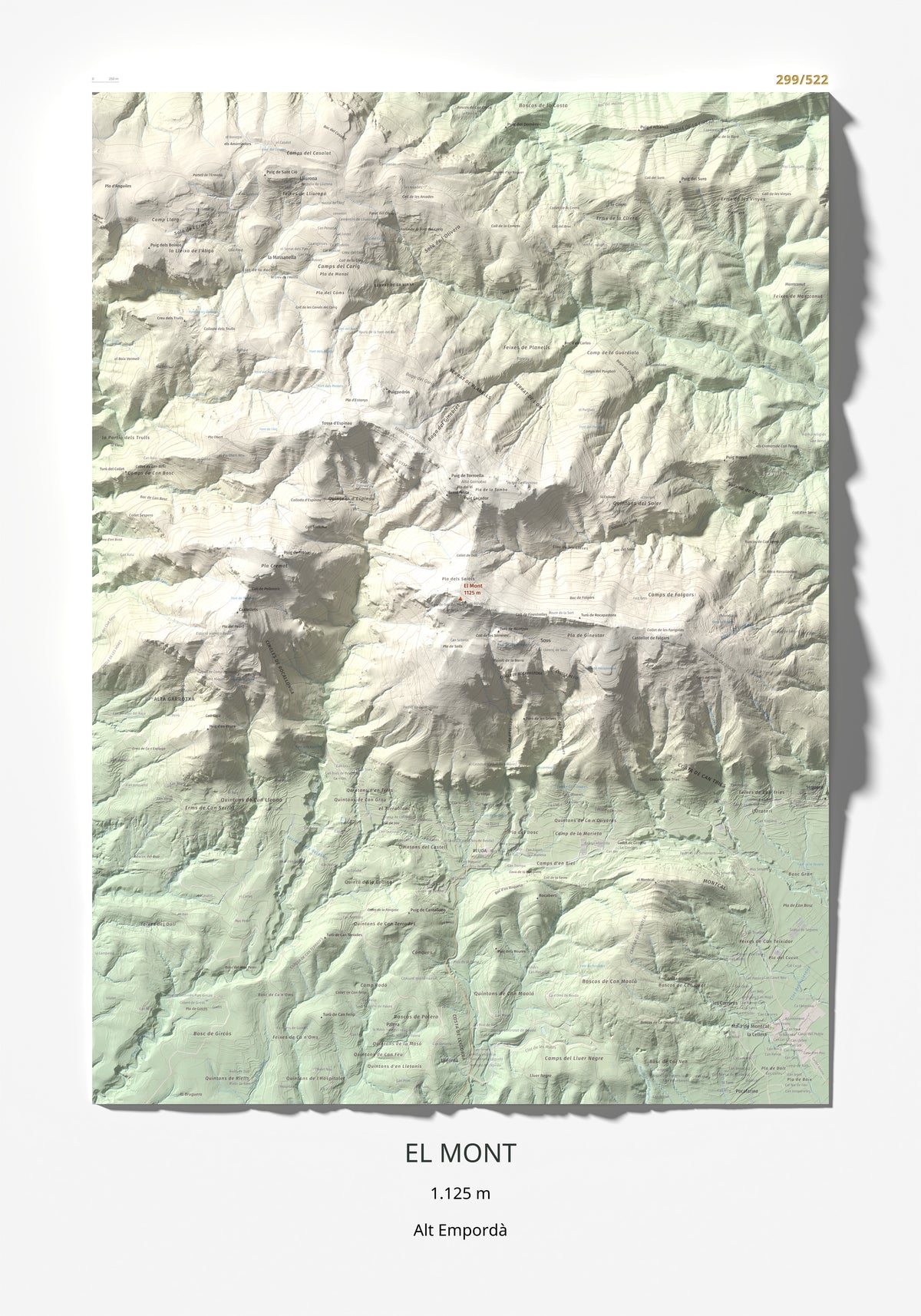Mapa de relieve del Mont, 1125 m, Alt Empordà, lámina 100 Cims de Trobart 70 × 100 cm.