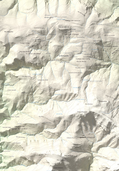 Mapa de relieve del Mont, 1125 m, Alt Empordà, lámina 100 Cims de Trobart. Detalle de la zona superior izquierda. 70 × 100 cm.