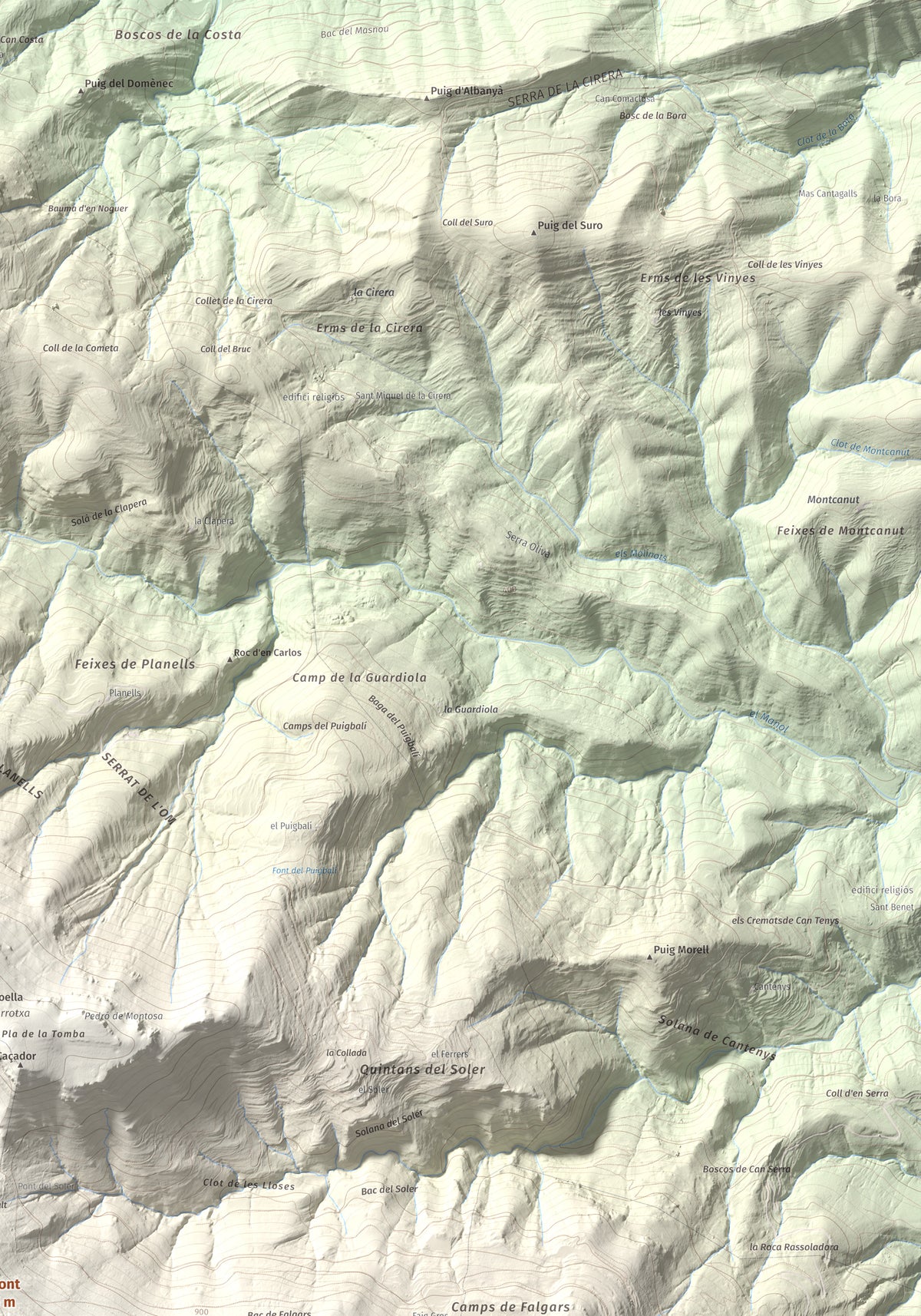 Mapa de relieve del Mont, 1125 m, Alt Empordà, lámina 100 Cims de Trobart. Detalle de la zona superior derecha. 70 × 100 cm.