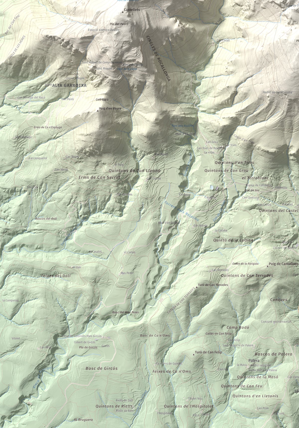 Mapa de relieve del Mont, 1125 m, Alt Empordà, lámina 100 Cims de Trobart. Detalle de la zona inferior izquierda. 70 × 100 cm.