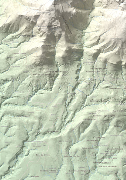 Mapa de relieve del Mont, 1125 m, Alt Empordà, lámina 100 Cims de Trobart. Detalle de la zona inferior izquierda. 70 × 100 cm.