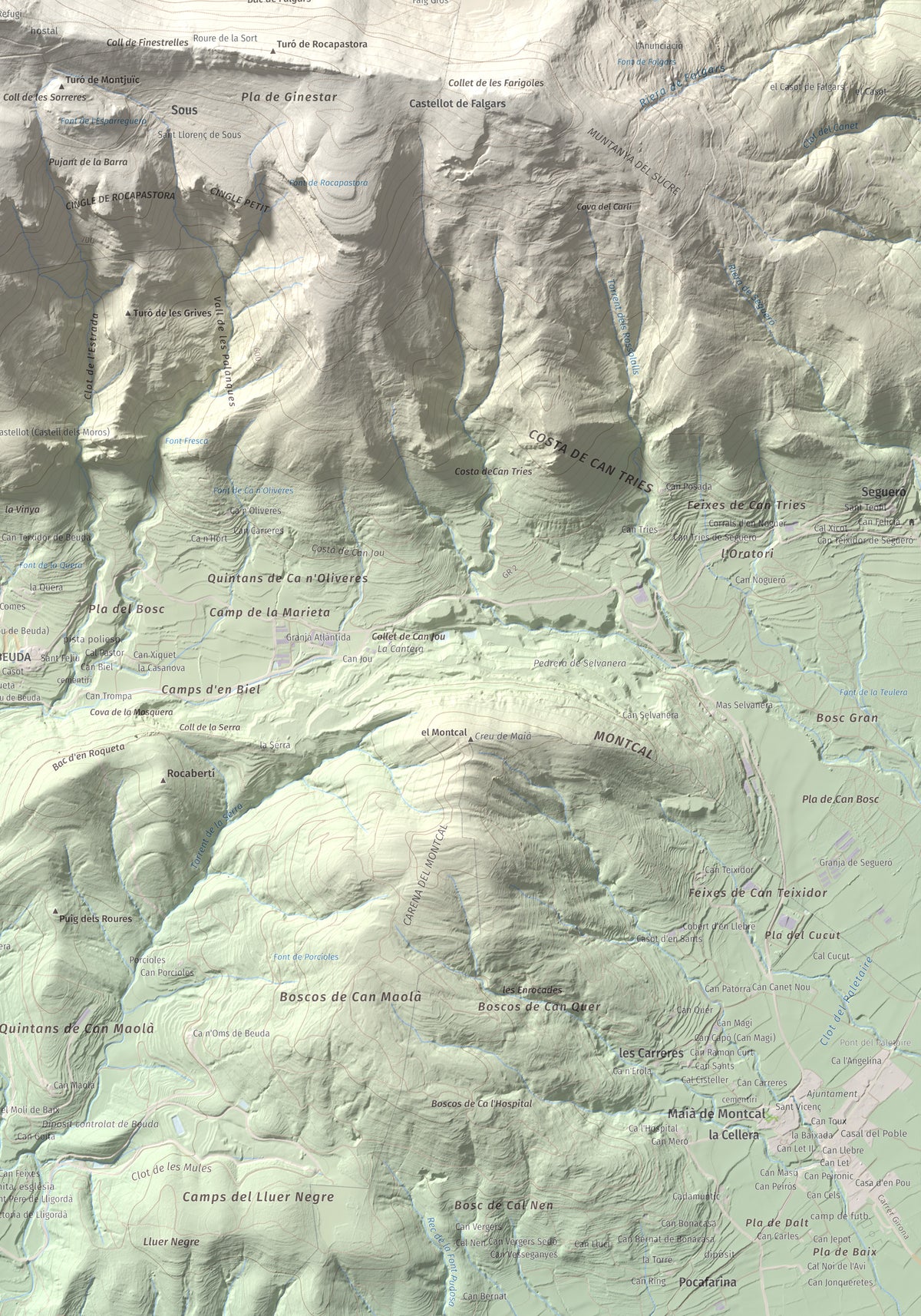 Mapa de relieve del Mont, 1125 m, Alt Empordà, lámina 100 Cims de Trobart. Detalle de la zona inferior derecha. 70 × 100 cm.