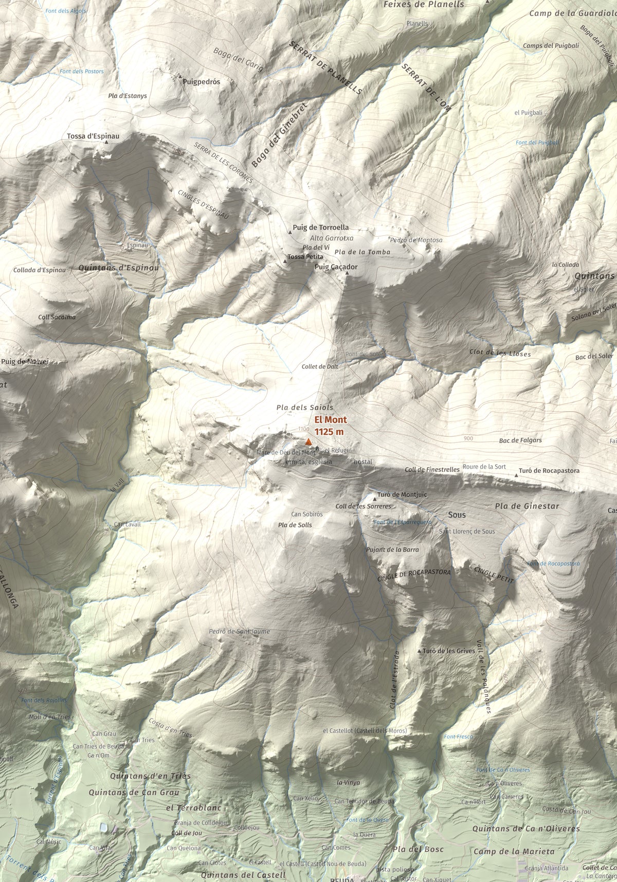 Mapa de relieve del Mont, 1125 m, Alt Empordà, lámina 100 Cims de Trobart. Detalle de la zona central. 70 × 100 cm.