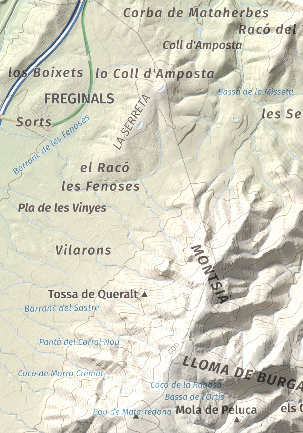 Mapa de relieve del Montsianell, 293 m, Montsià, lámina 100 Cims de Trobart. Detalle de la zona inferior izquierda. 21 × 30 cm.