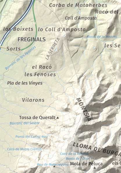 Mapa de relieve del Montsianell, 293 m, Montsià, lámina 100 Cims de Trobart. Detalle de la zona inferior izquierda. 21 × 30 cm.