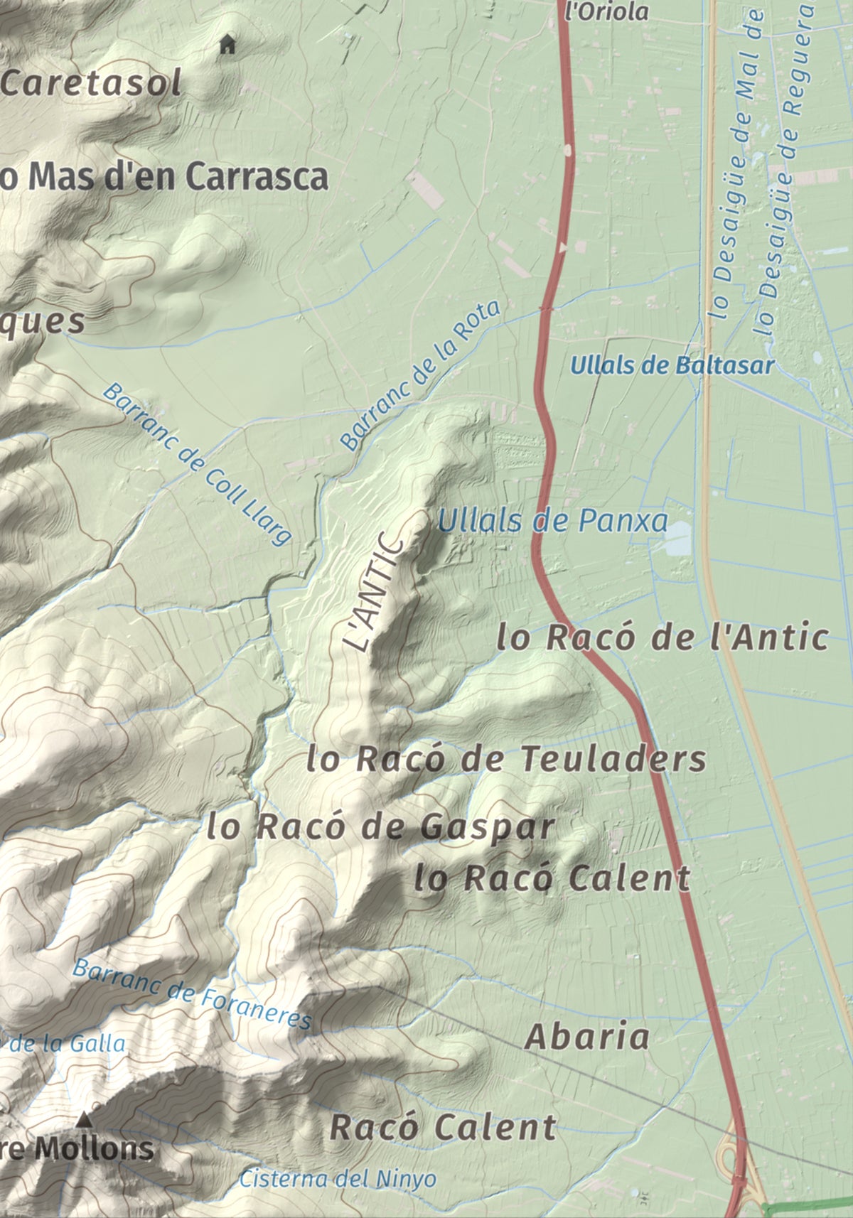 Mapa de relieve del Montsianell, 293 m, Montsià, lámina 100 Cims de Trobart. Detalle de la zona inferior derecha. 21 × 30 cm.