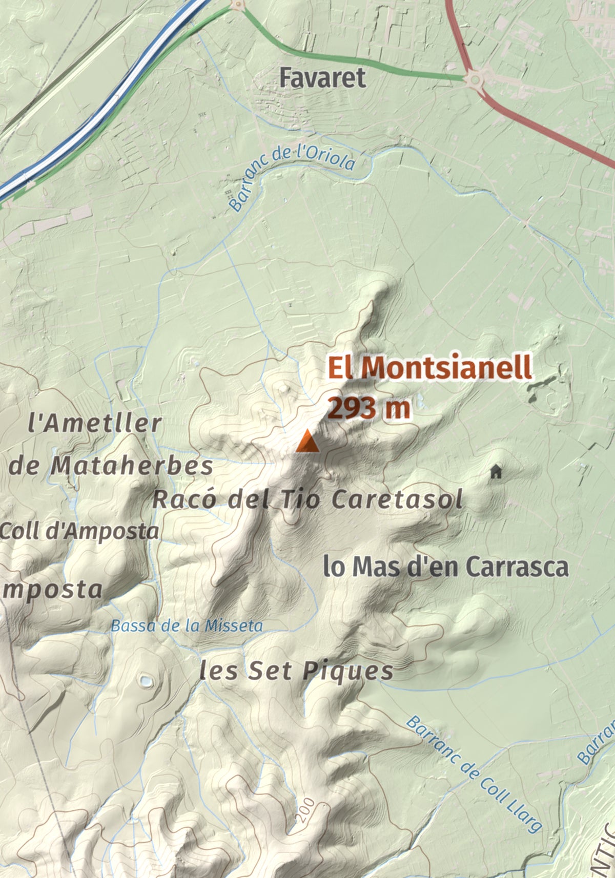 Mapa de relieve del Montsianell, 293 m, Montsià, lámina 100 Cims de Trobart. Detalle de la zona central. 21 × 30 cm.