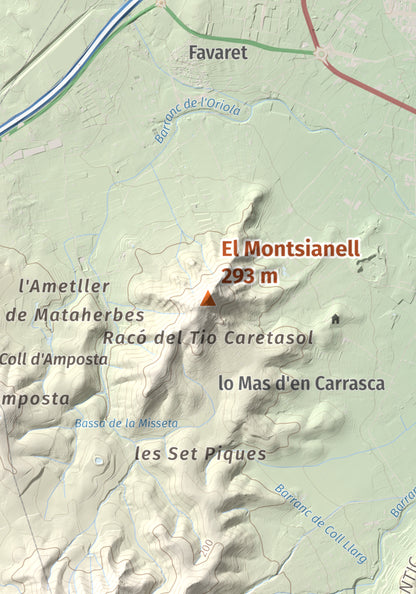 Mapa de relieve del Montsianell, 293 m, Montsià, lámina 100 Cims de Trobart. Detalle de la zona central. 21 × 30 cm.