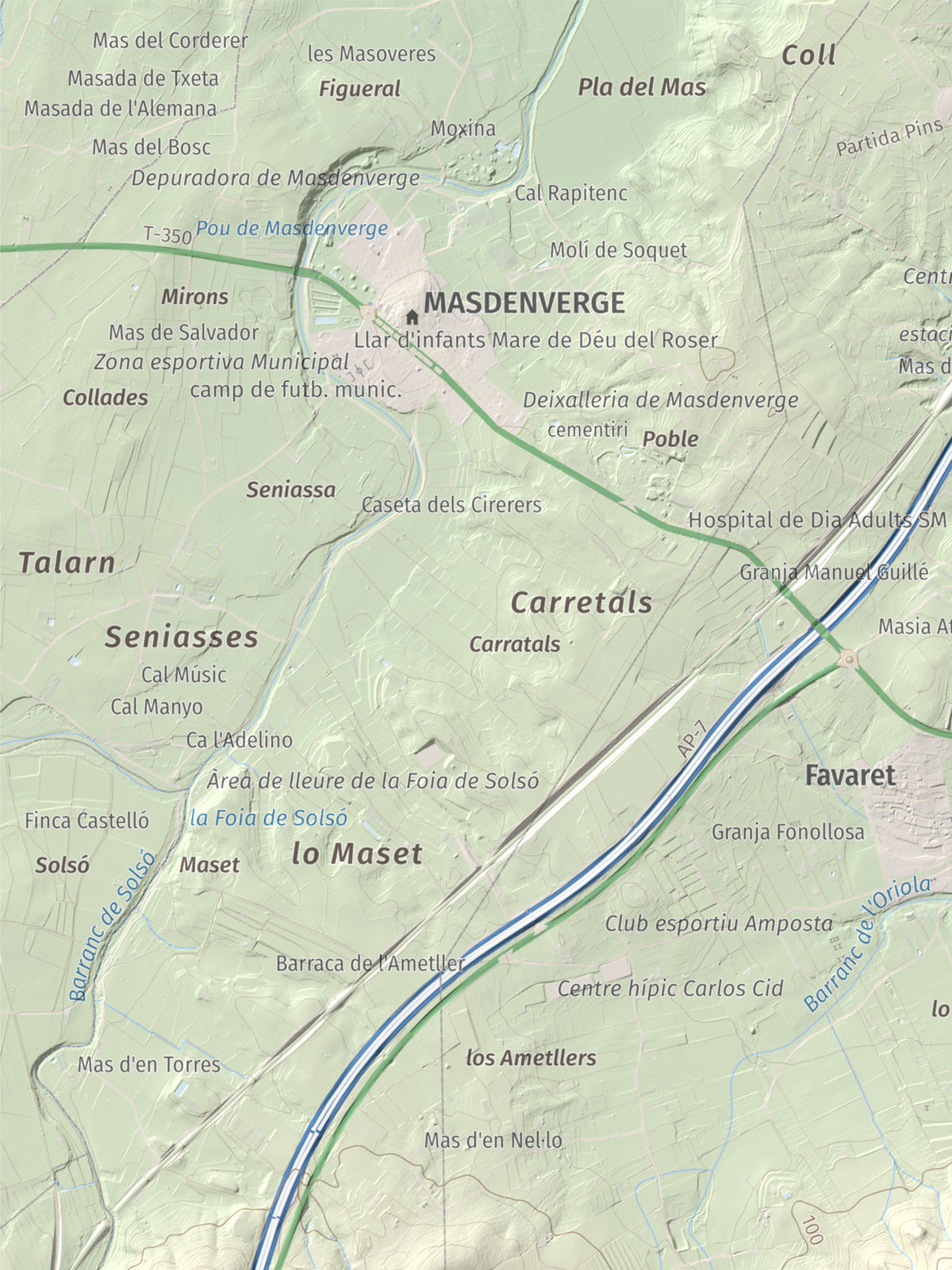 Mapa de relieve del Montsianell, 293 m, Montsià, lámina 100 Cims de Trobart. Detalle de la zona superior izquierda. 30 × 40 cm.