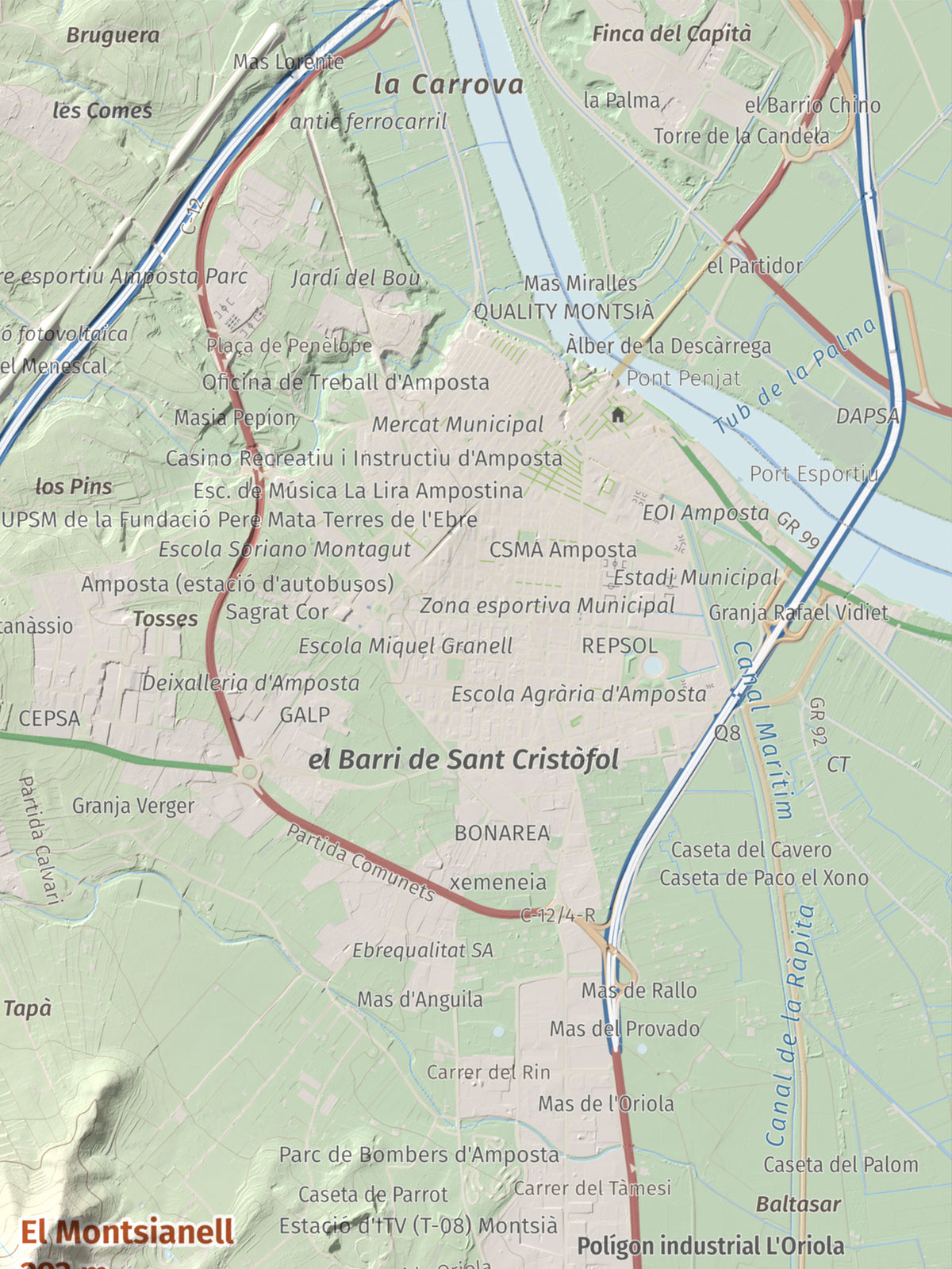 Mapa de relieve del Montsianell, 293 m, Montsià, lámina 100 Cims de Trobart. Detalle de la zona superior derecha. 30 × 40 cm.