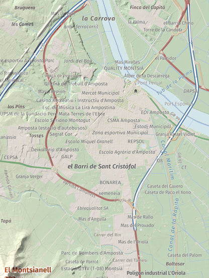 Mapa de relieve del Montsianell, 293 m, Montsià, lámina 100 Cims de Trobart. Detalle de la zona superior derecha. 30 × 40 cm.