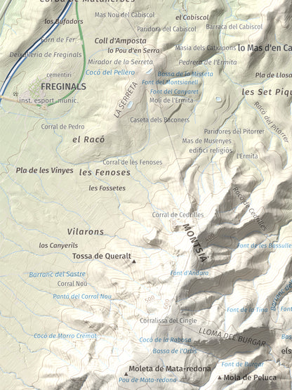 Mapa de relieve del Montsianell, 293 m, Montsià, lámina 100 Cims de Trobart. Detalle de la zona inferior izquierda. 30 × 40 cm.