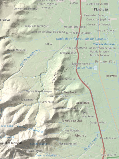 Mapa de relieve del Montsianell, 293 m, Montsià, lámina 100 Cims de Trobart. Detalle de la zona inferior derecha. 30 × 40 cm.
