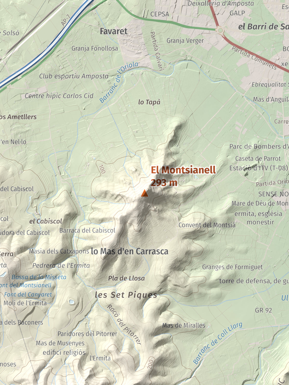 Mapa de relieve del Montsianell, 293 m, Montsià, lámina 100 Cims de Trobart. Detalle de la zona central. 30 × 40 cm.
