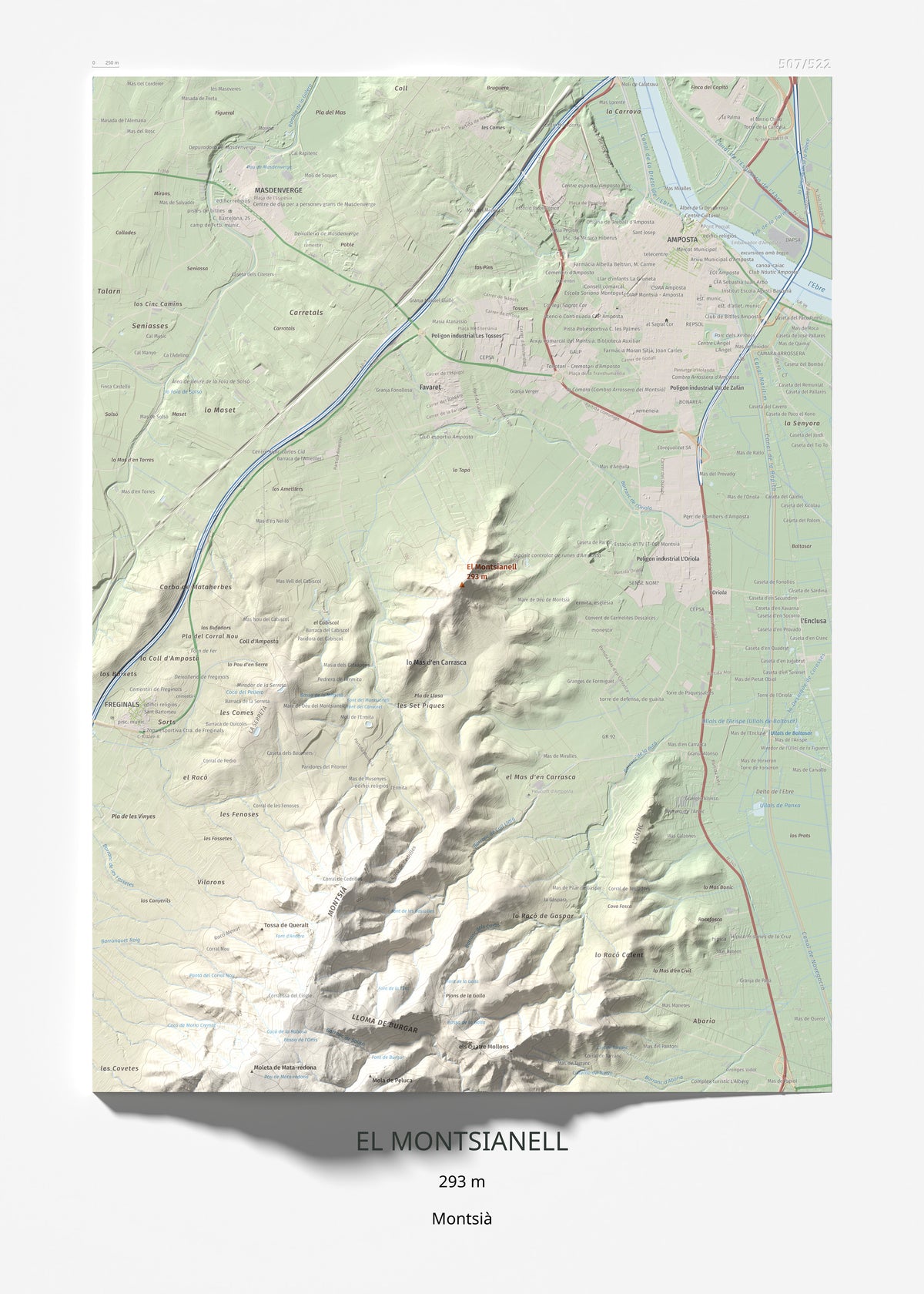 Mapa de relieve del Montsianell, 293 m, Montsià, lámina 100 Cims de Trobart 50 × 70 cm.