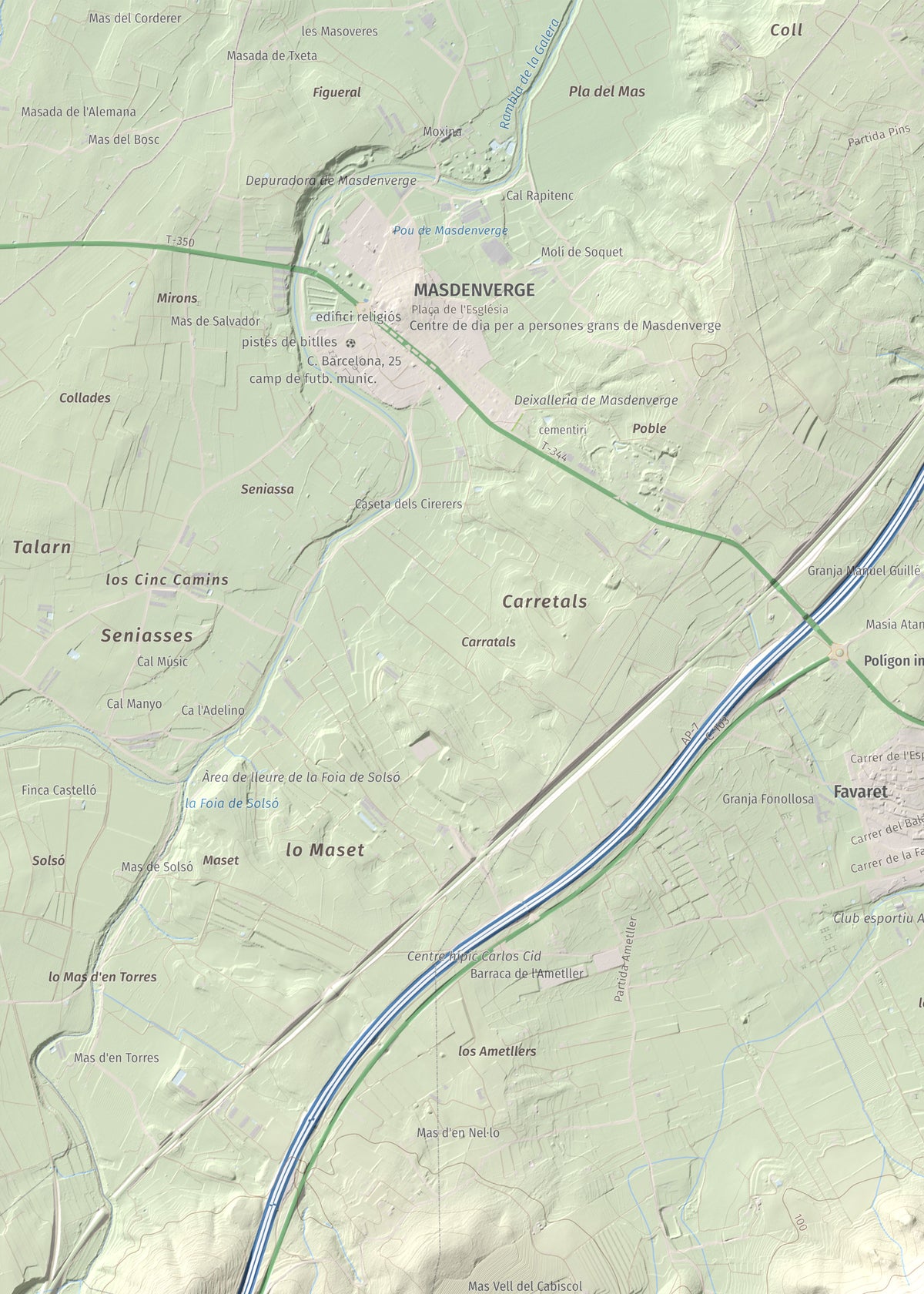 Mapa de relieve del Montsianell, 293 m, Montsià, lámina 100 Cims de Trobart. Detalle de la zona superior izquierda. 50 × 70 cm.