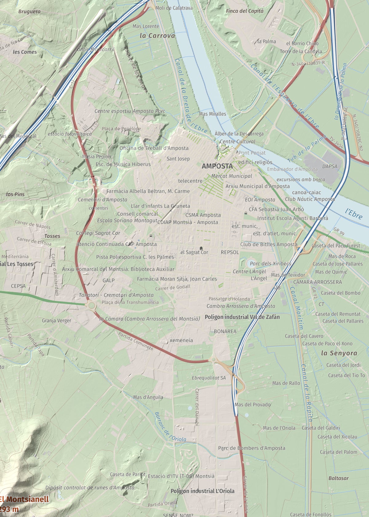 Mapa de relieve del Montsianell, 293 m, Montsià, lámina 100 Cims de Trobart. Detalle de la zona superior derecha. 50 × 70 cm.