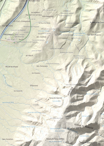 Mapa de relieve del Montsianell, 293 m, Montsià, lámina 100 Cims de Trobart. Detalle de la zona inferior izquierda. 50 × 70 cm.