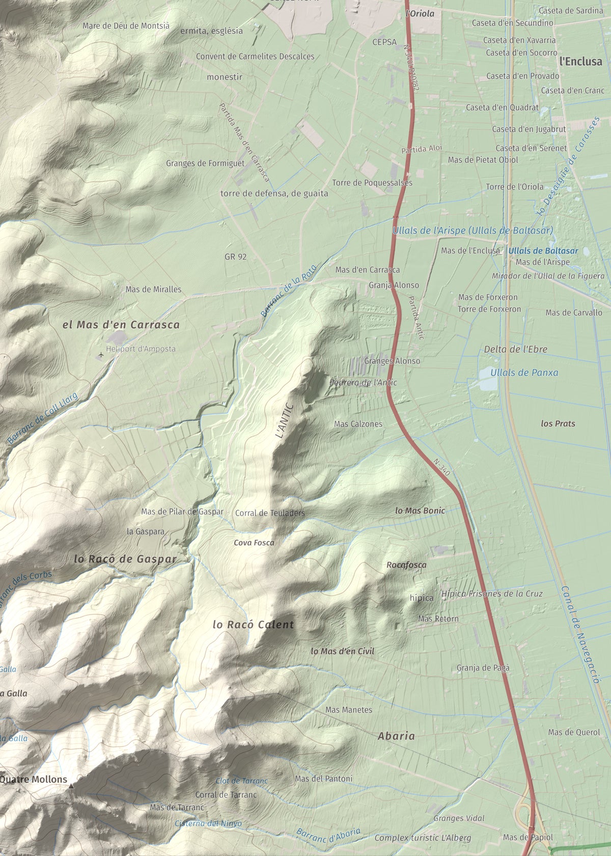 Mapa de relieve del Montsianell, 293 m, Montsià, lámina 100 Cims de Trobart. Detalle de la zona inferior derecha. 50 × 70 cm.