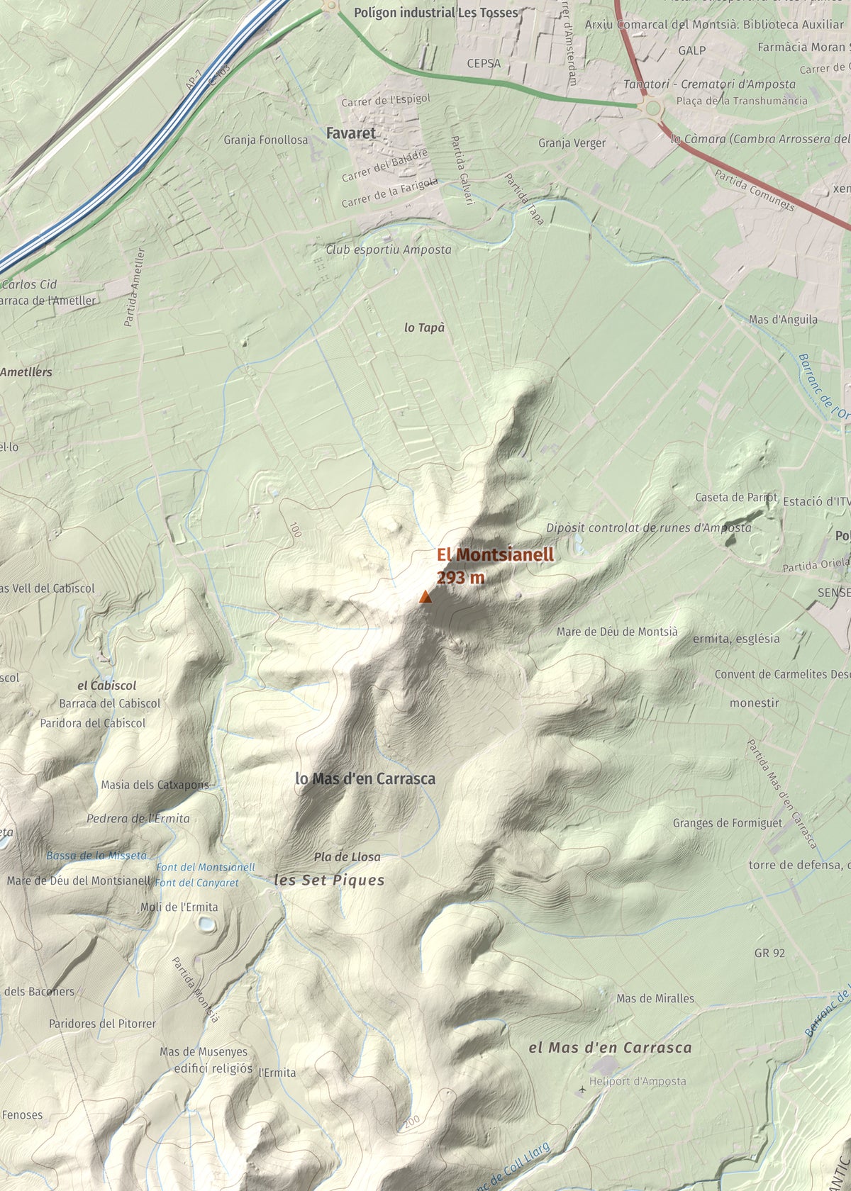 Mapa de relieve del Montsianell, 293 m, Montsià, lámina 100 Cims de Trobart. Detalle de la zona central. 50 × 70 cm.