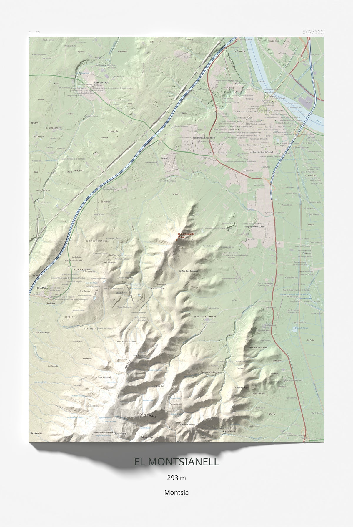 Mapa de relieve del Montsianell, 293 m, Montsià, lámina 100 Cims de Trobart 61 × 91 cm.