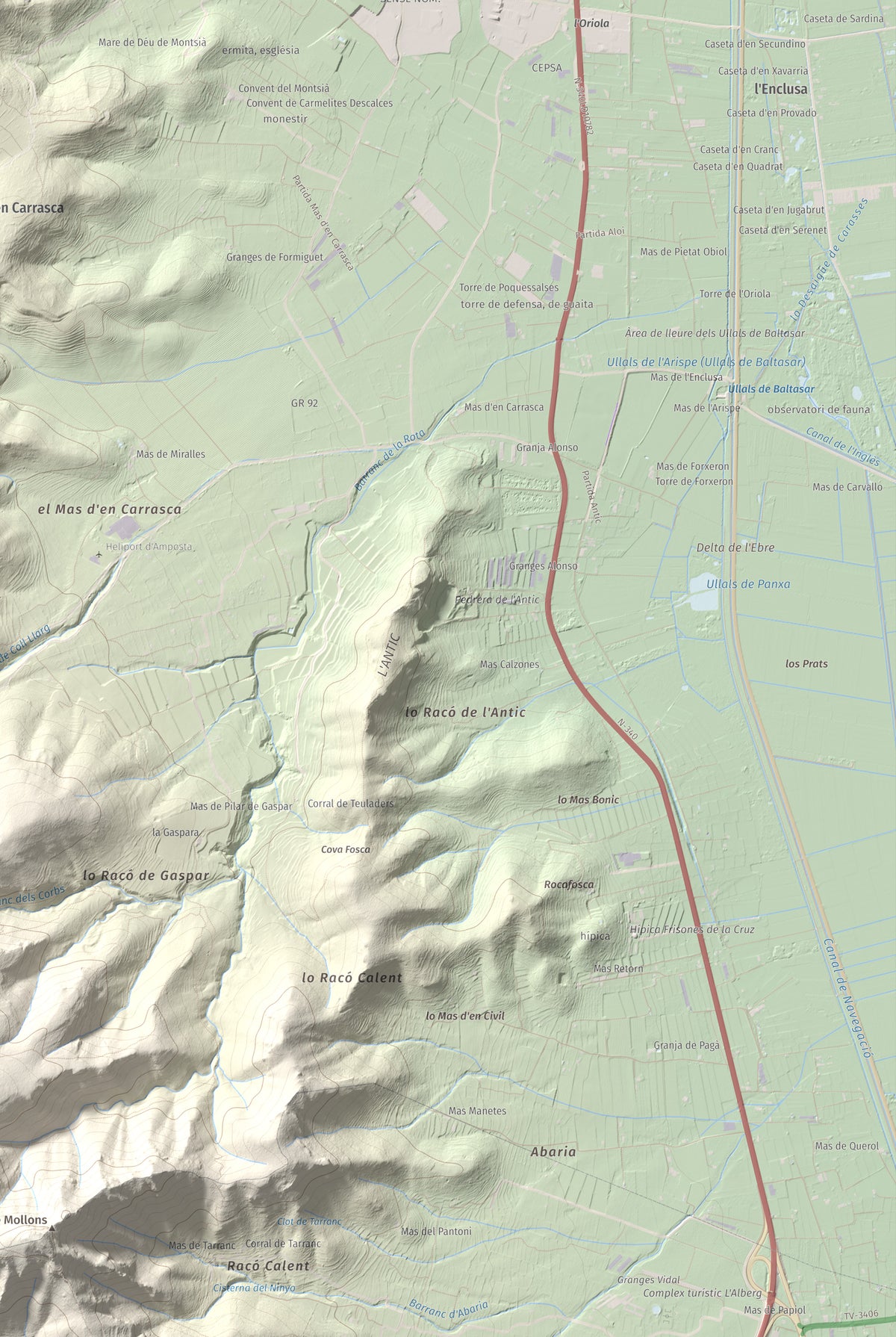 Mapa de relieve del Montsianell, 293 m, Montsià, lámina 100 Cims de Trobart. Detalle de la zona inferior derecha. 61 × 91 cm.