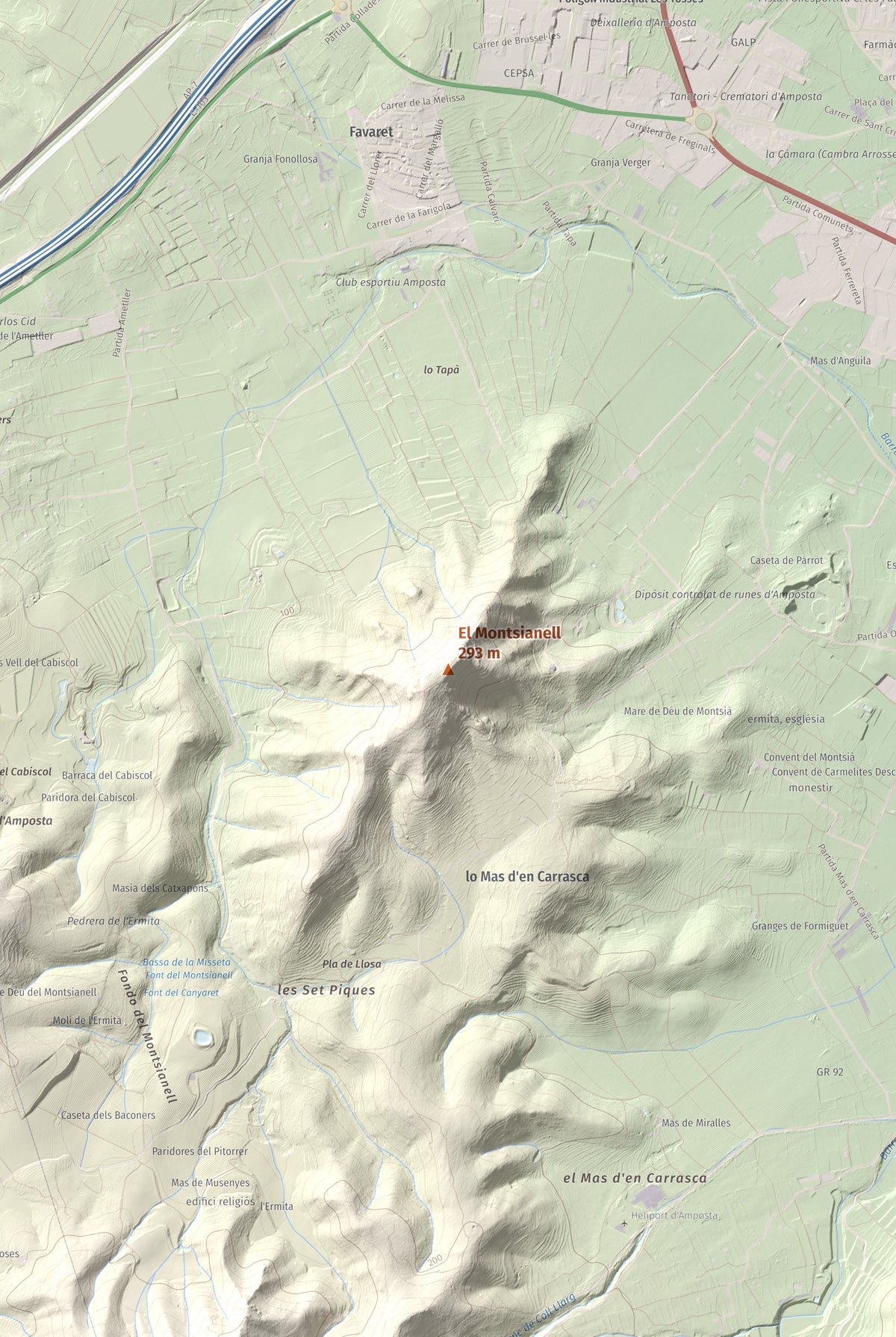 Mapa de relieve del Montsianell, 293 m, Montsià, lámina 100 Cims de Trobart. Detalle de la zona central. 61 × 91 cm.
