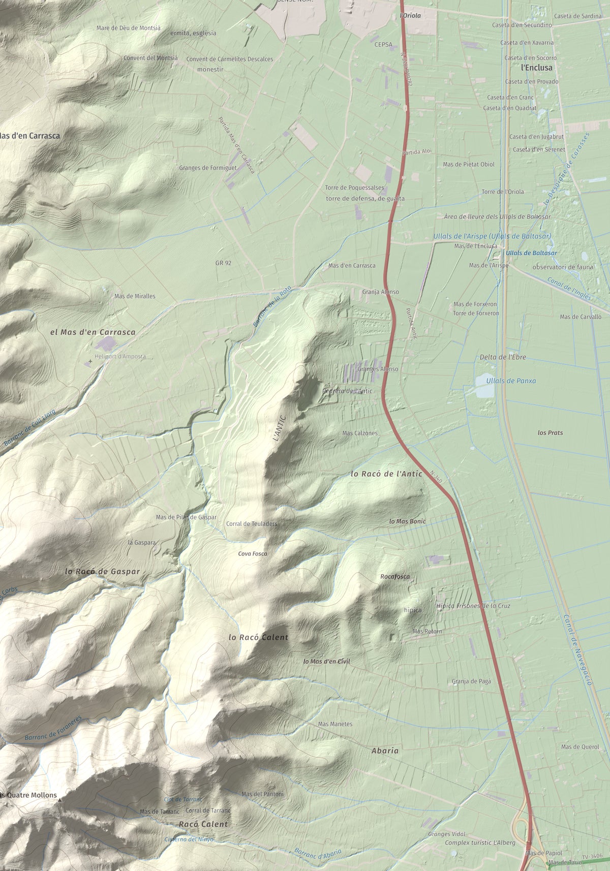 Mapa de relieve del Montsianell, 293 m, Montsià, lámina 100 Cims de Trobart. Detalle de la zona inferior derecha. 70 × 100 cm.
