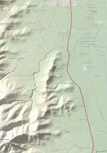 Mapa de relieve del Montsianell, 293 m, Montsià, lámina 100 Cims de Trobart. Detalle de la zona inferior derecha. 70 × 100 cm.
