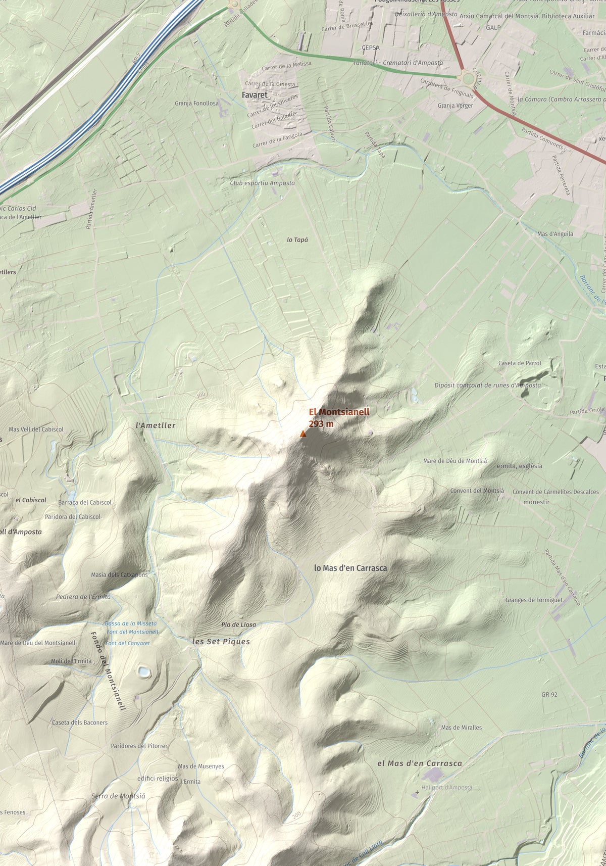 Mapa de relieve del Montsianell, 293 m, Montsià, lámina 100 Cims de Trobart. Detalle de la zona central. 70 × 100 cm.