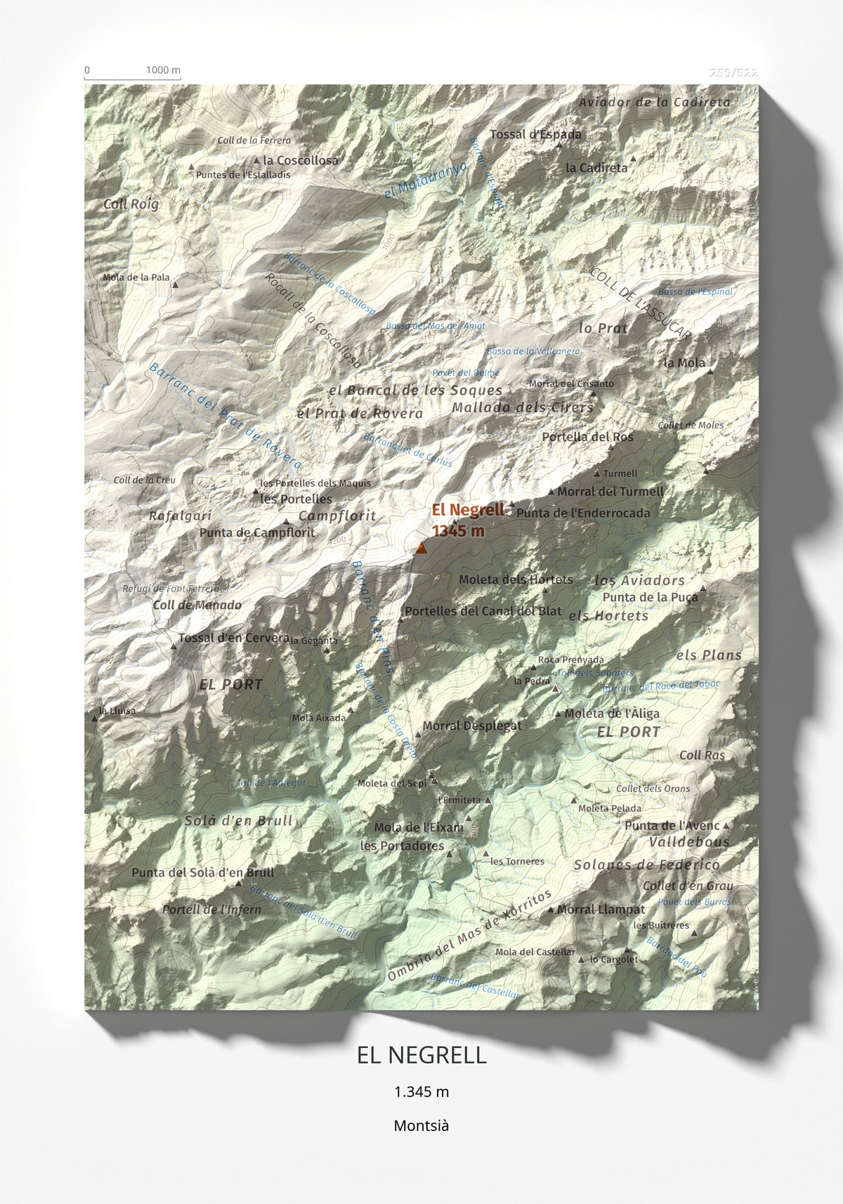 Mapa de relieve del Negrell, 1345 m, Montsià, lámina 100 Cims de Trobart 21 × 30 cm.