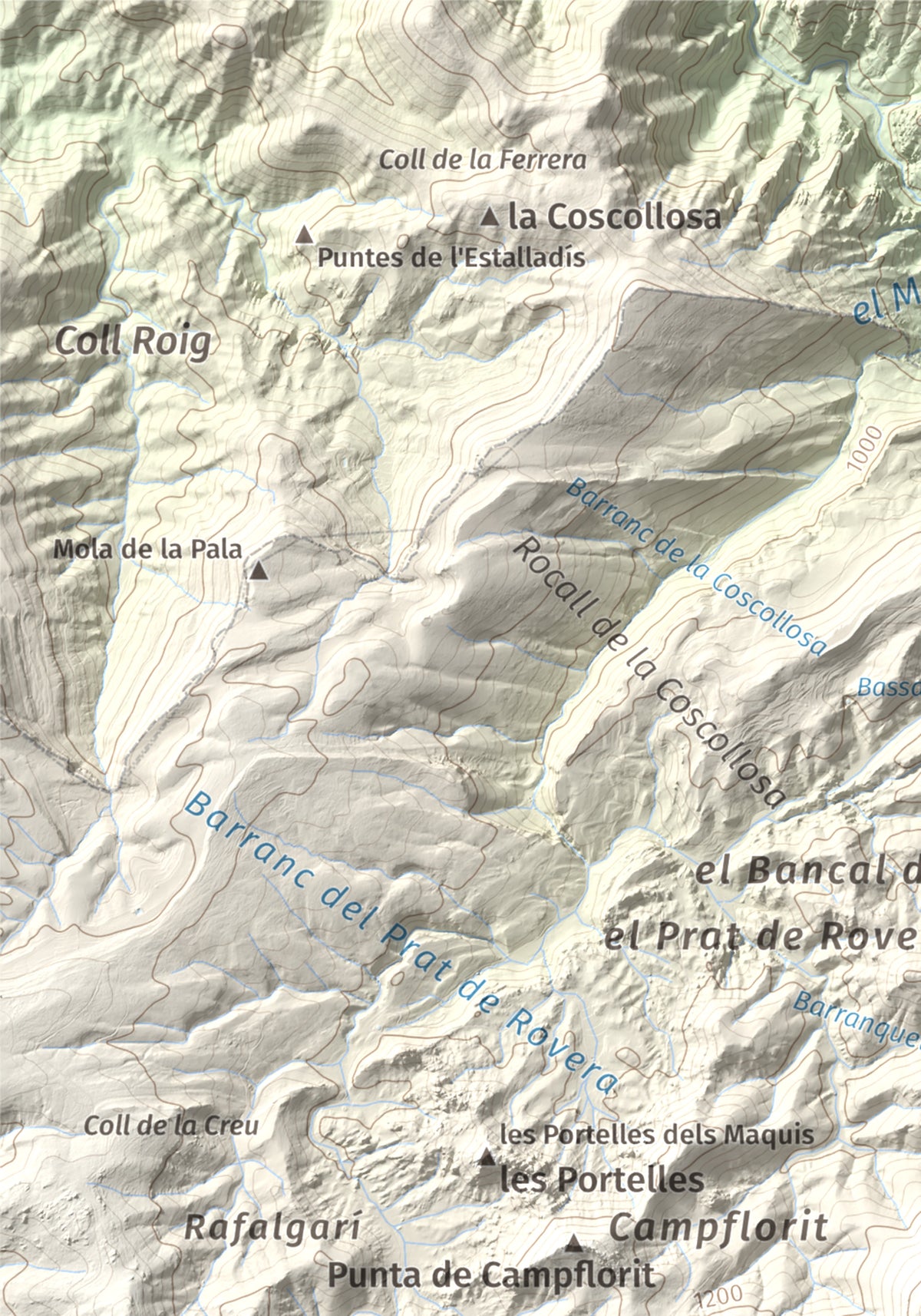 Mapa de relieve del Negrell, 1345 m, Montsià, lámina 100 Cims de Trobart. Detalle de la zona superior izquierda. 21 × 30 cm.